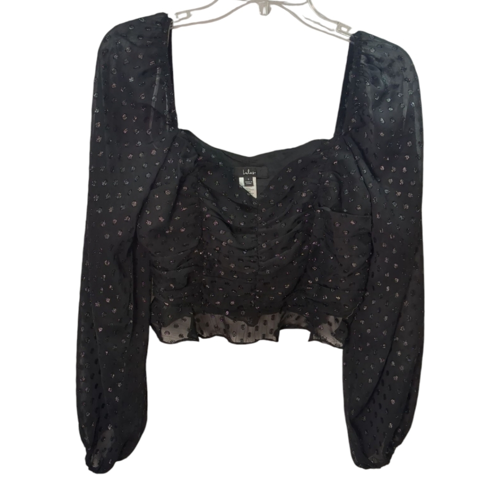 Lulu's Totally Charmed Black Ruched Clip Dot Balloon Sleeve Top Size Small - Picture 4 of 8